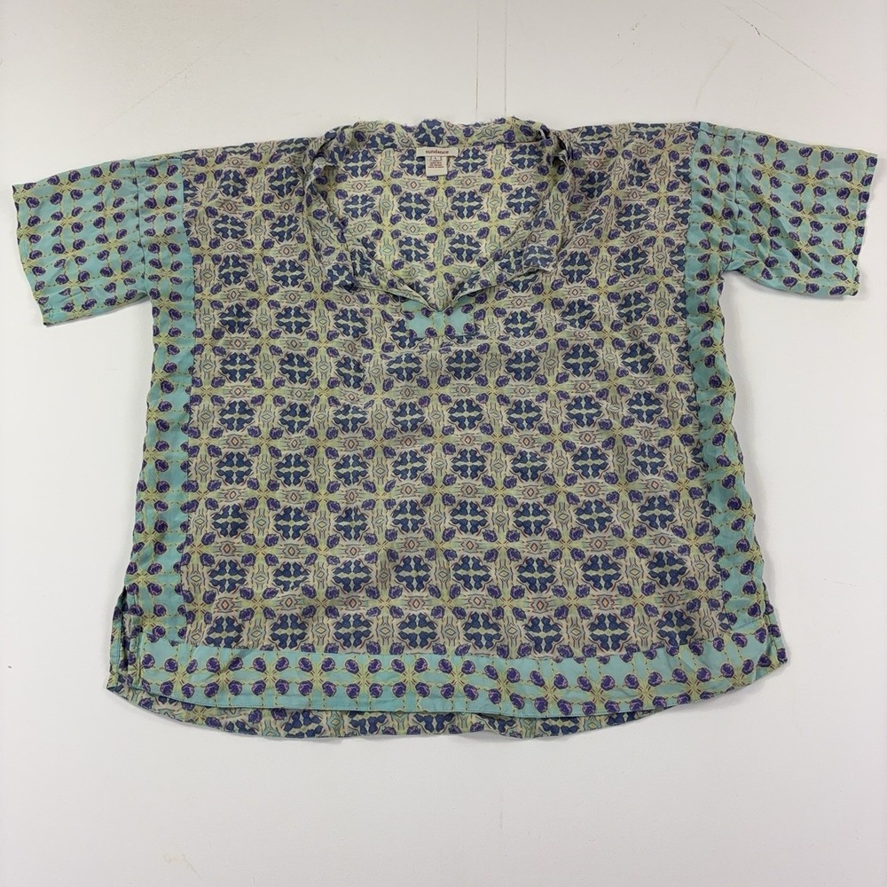 Sundance Blouse Womens L Multicolor Floral V-Neck Short Sleeve Silk Boho Top